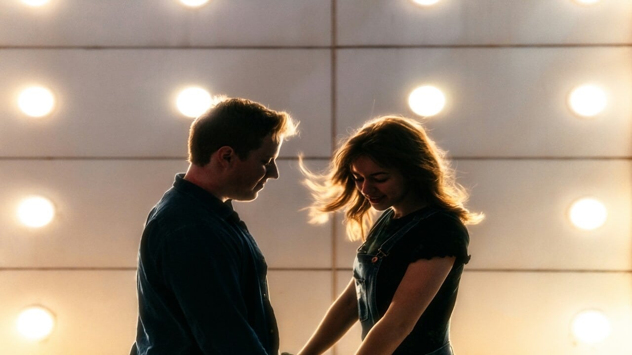 A couple standing in front of yellow lights