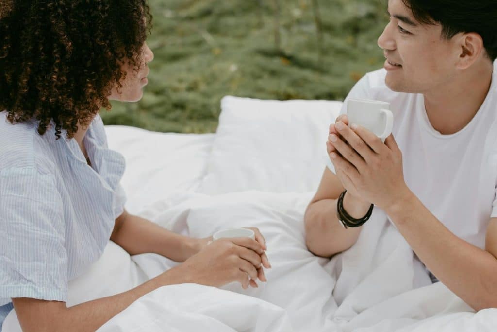 A man and woman talking
