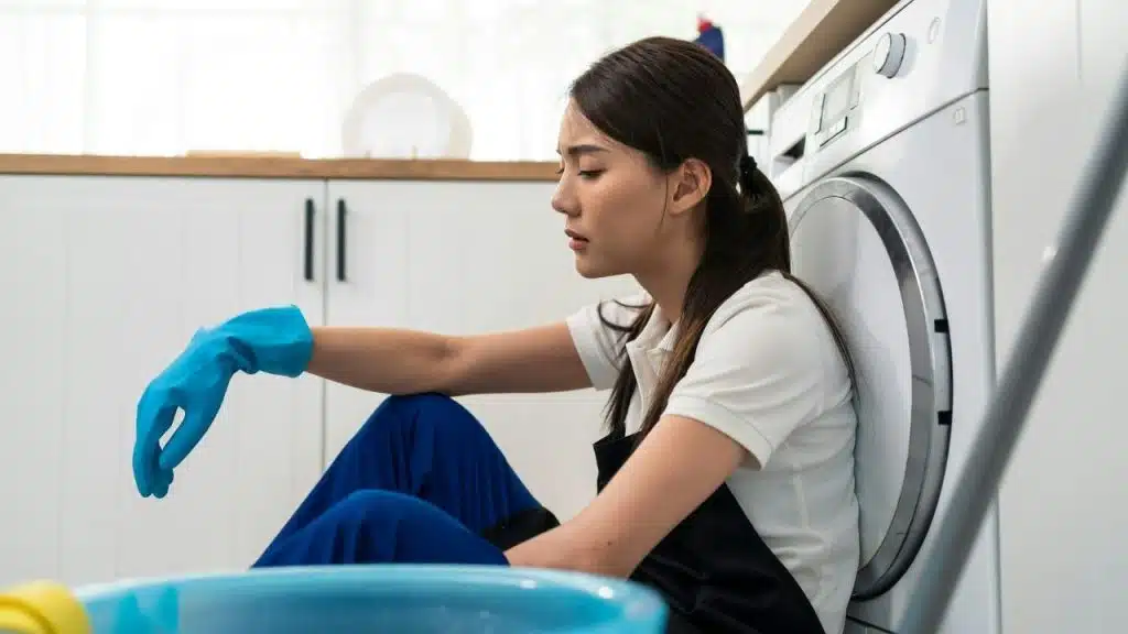 A woman in an apron and gloves sits on the floor leaning against a laundry machine.