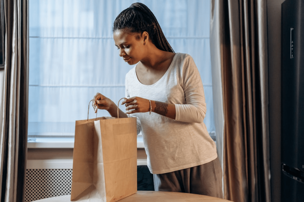 A woman checking what’s inside the bag