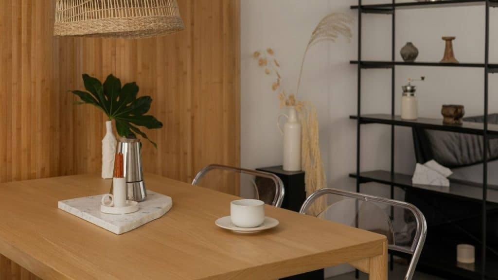 An empty wooden table features a white teacup and saucer in a minimalist, modern room.