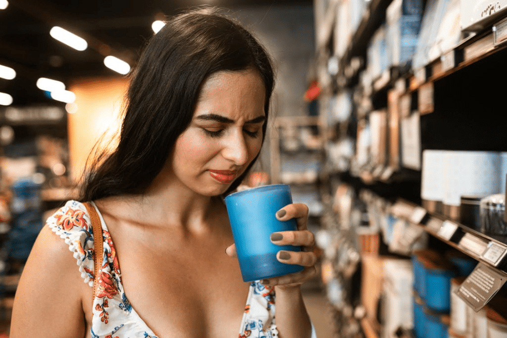 A woman smelling the candle