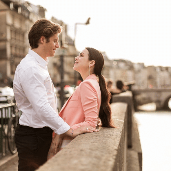 A man and a woman looking at each other