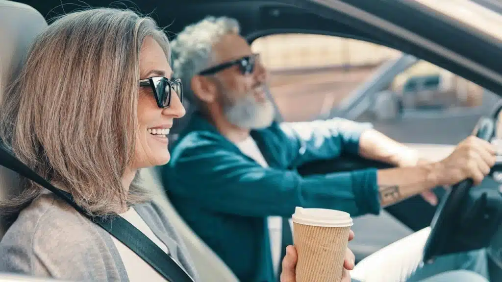 A senior woman holding a cup of coffee and man is driving the car, while they are enjoying long drive in their car.