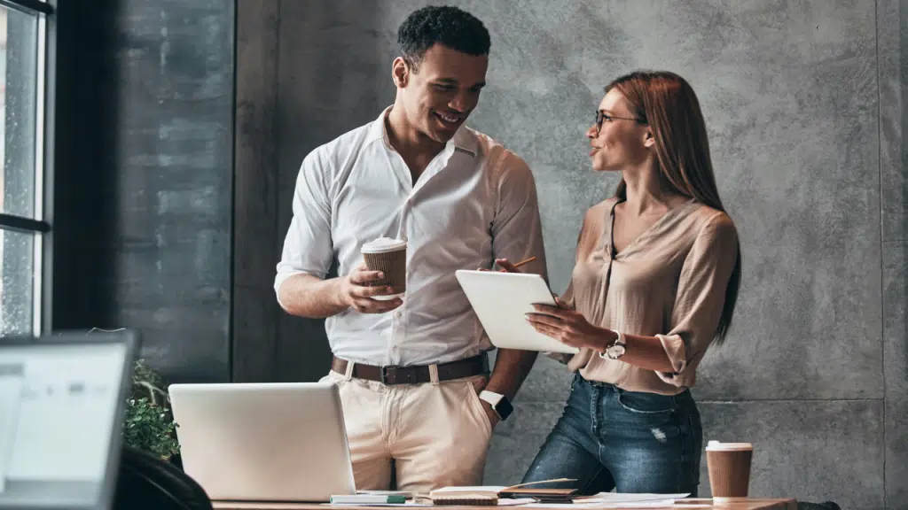 A man and a woman working together