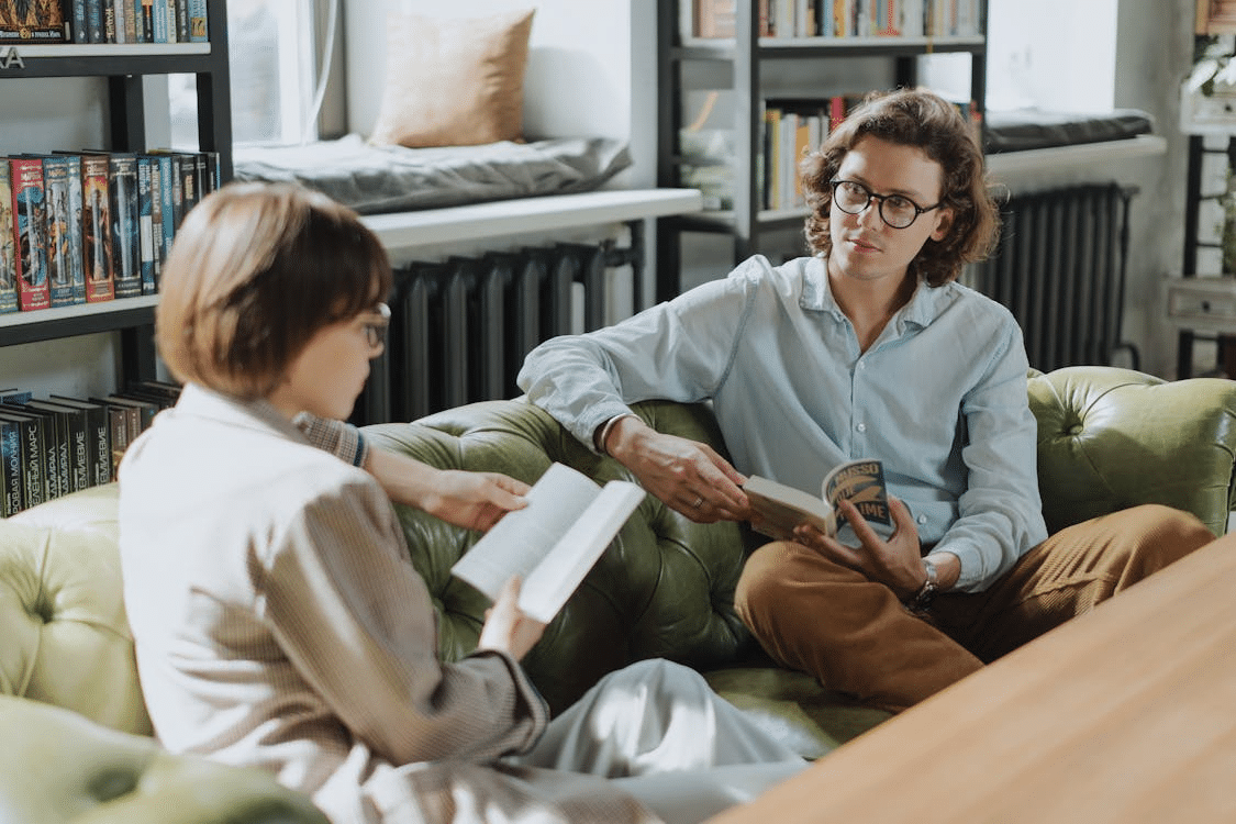 A man and a woman talking