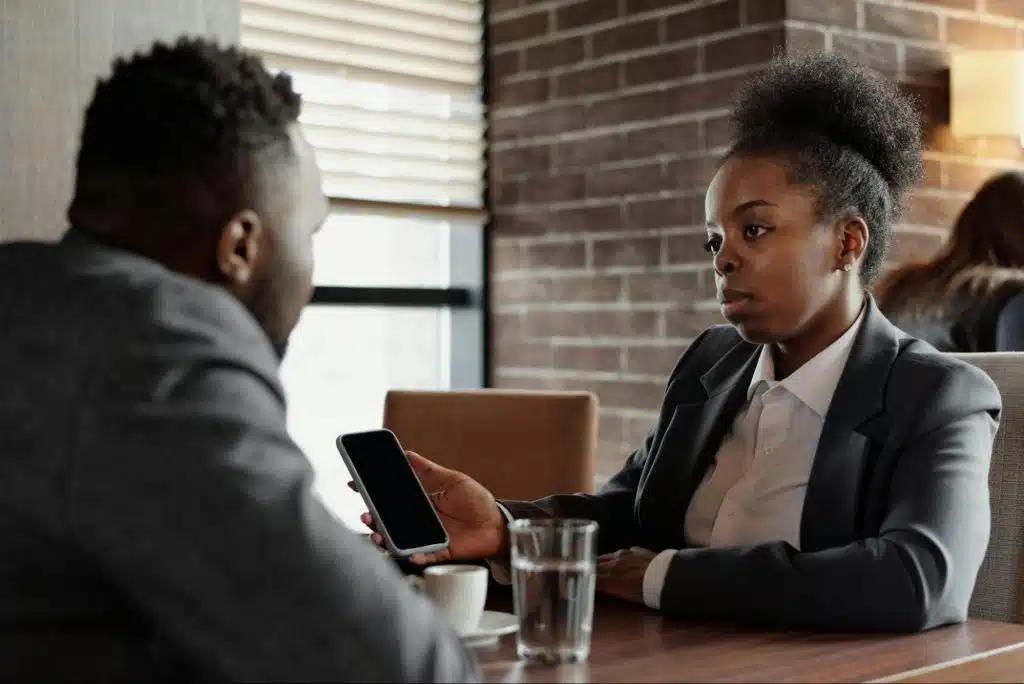 A man and woman talking