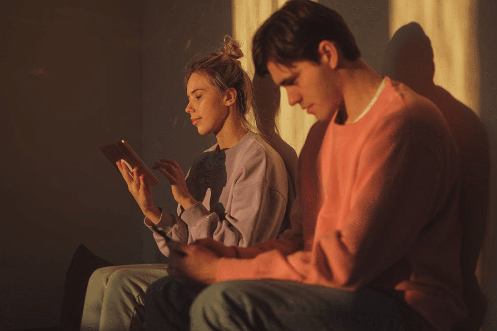 A couple using their phones