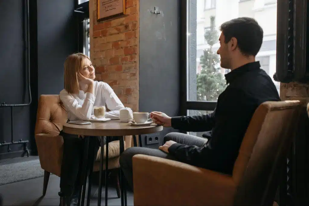 A man and woman talking