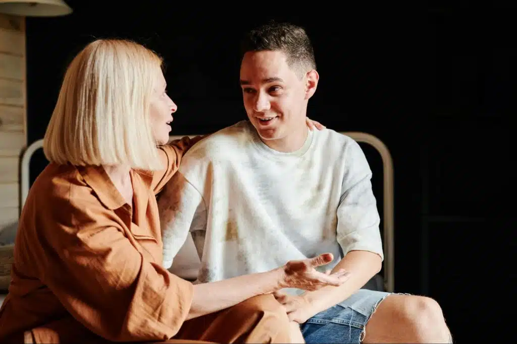 A man and woman talking