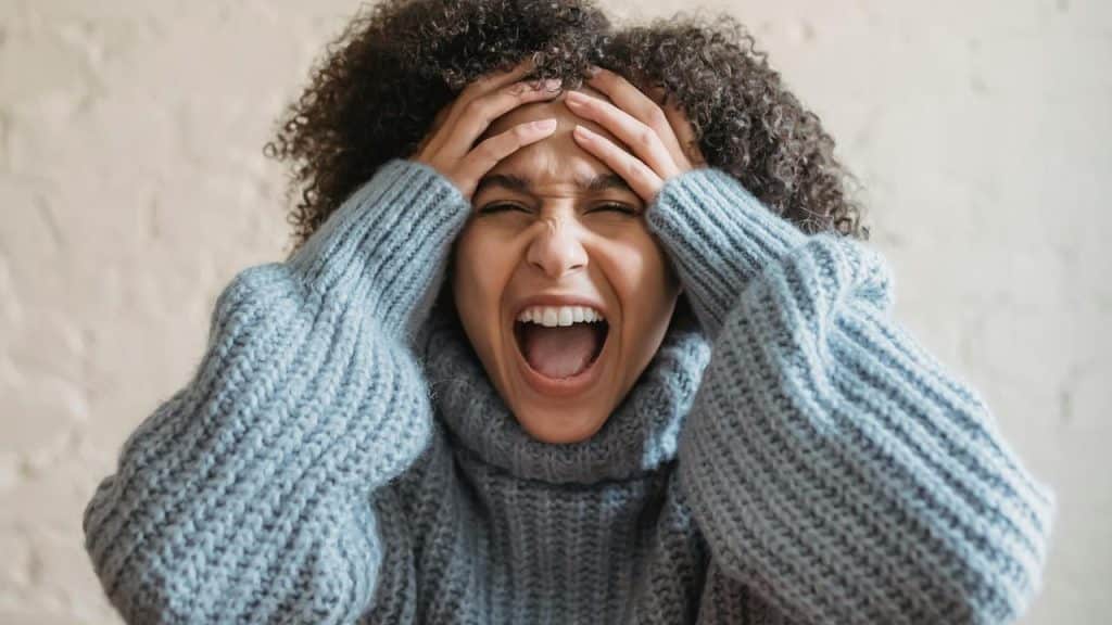 A woman in a sweater screaming while holding her head in frustration.