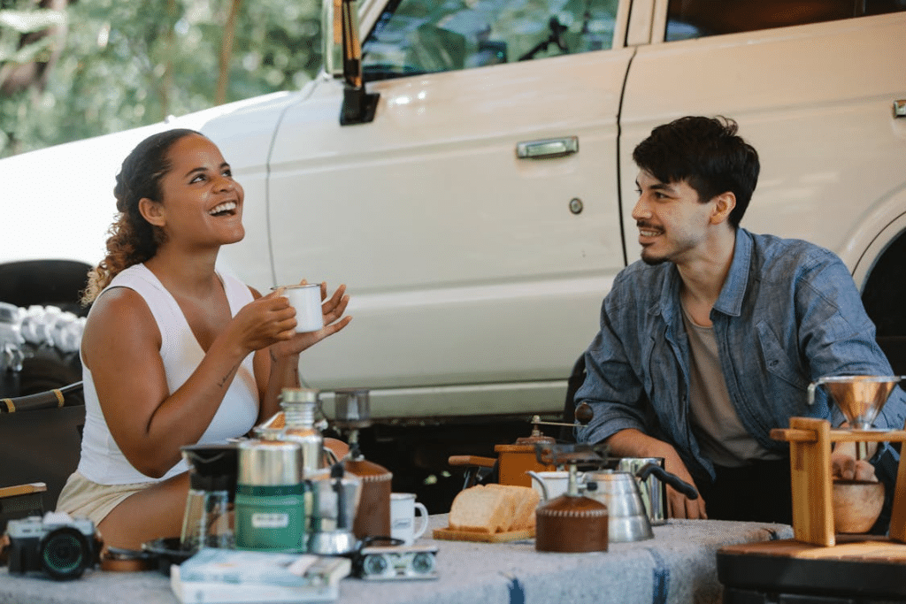 A man and a woman talking