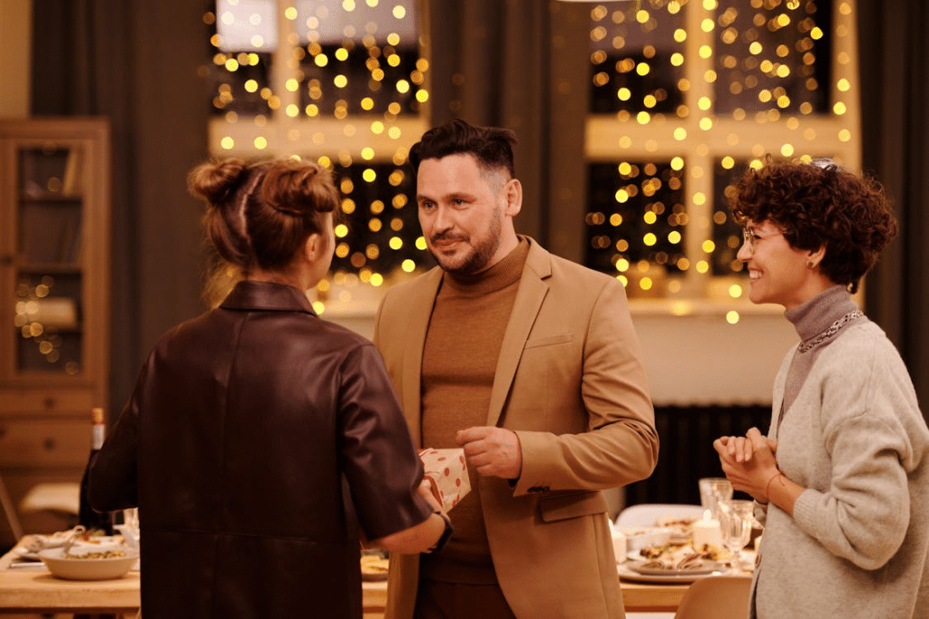 Group of friends socializing over dinner