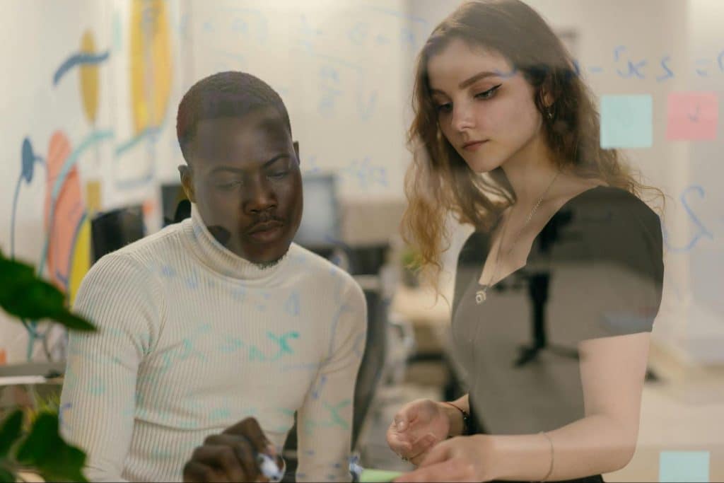 A man and woman talking