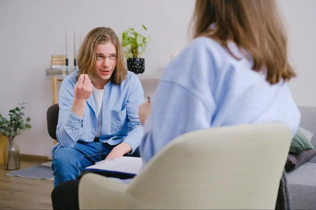 A man and woman having a serious conversation