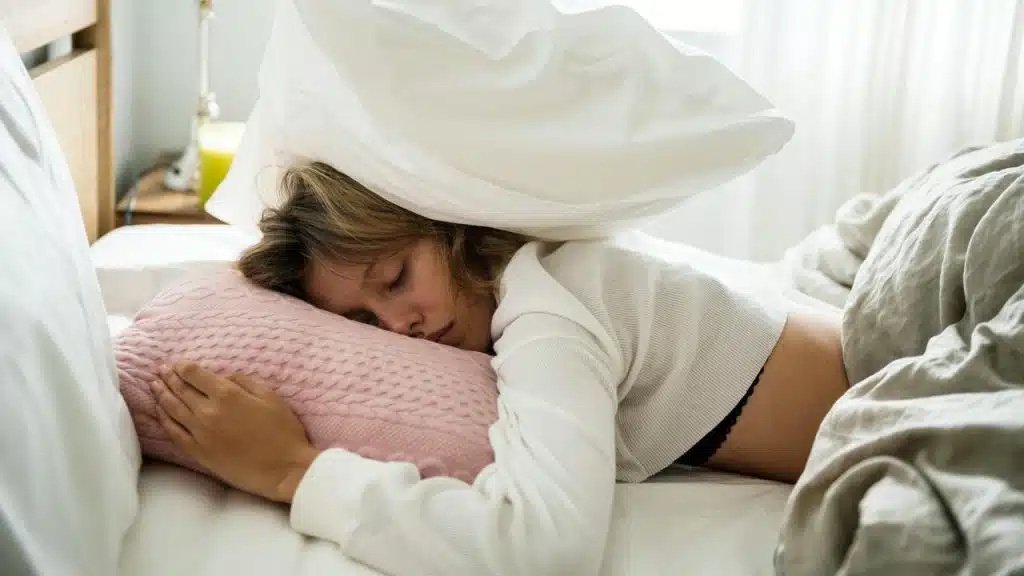 A woman sleeping in bed while hugging a pink pillow.