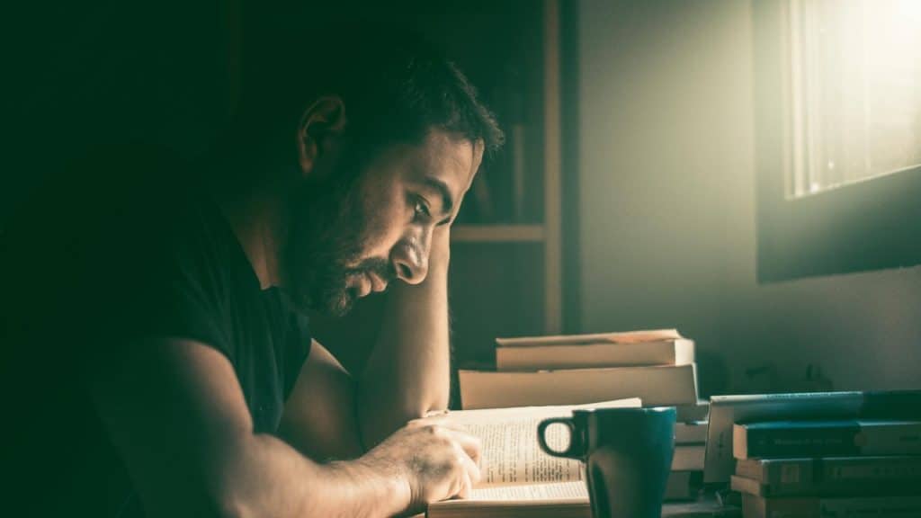 A bearded man sits at a desk reading a book by the light of a window.