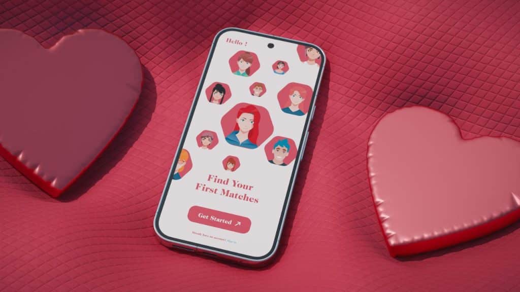 A smartphone displaying illustrated avatars lies on a red quilted surface between two red hearts.