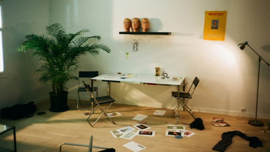 A room with a table, chairs, a large plant, and many papers scattered on floor.