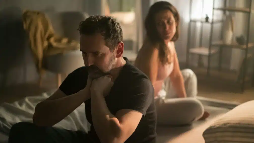 A bearded man holding his neck with his hands as his partner sits on a bed behind him.