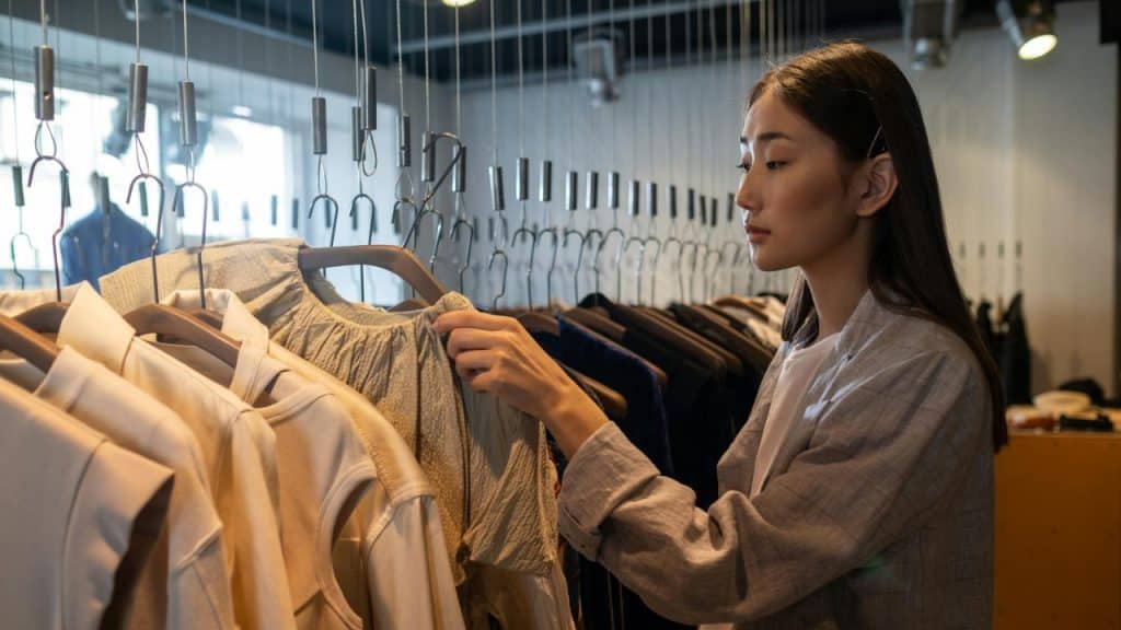 A woman with long dark hair browses through a rack of light-colored clothing.