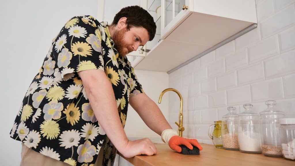 A man cleaning a kitchen counter at home.