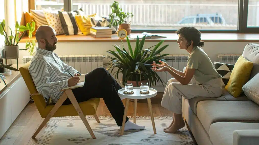 A therapist listens and takes notes as a woman talks in a cozy living room.