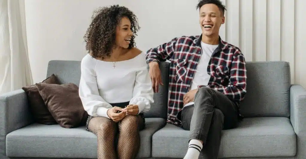 A man and woman talking 