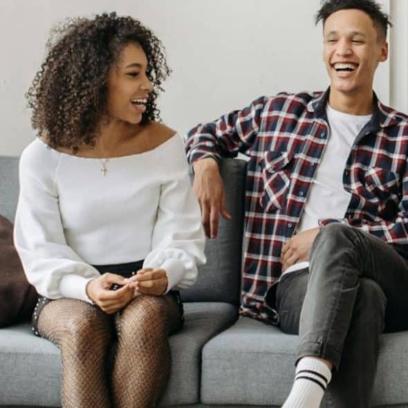 A man and woman talking