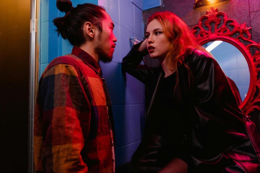 A man and woman talking
