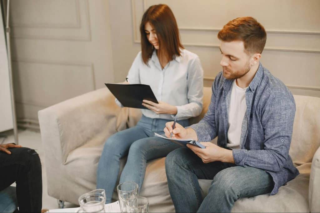 A man and woman talking