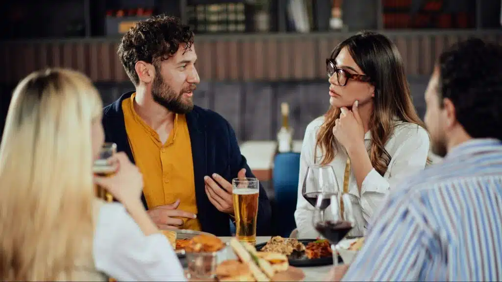 A man and woman talking