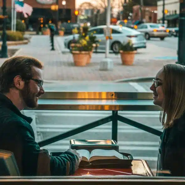 couple having conversation indoors