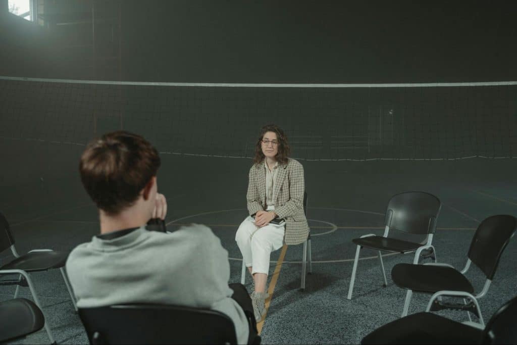 A man and woman talking