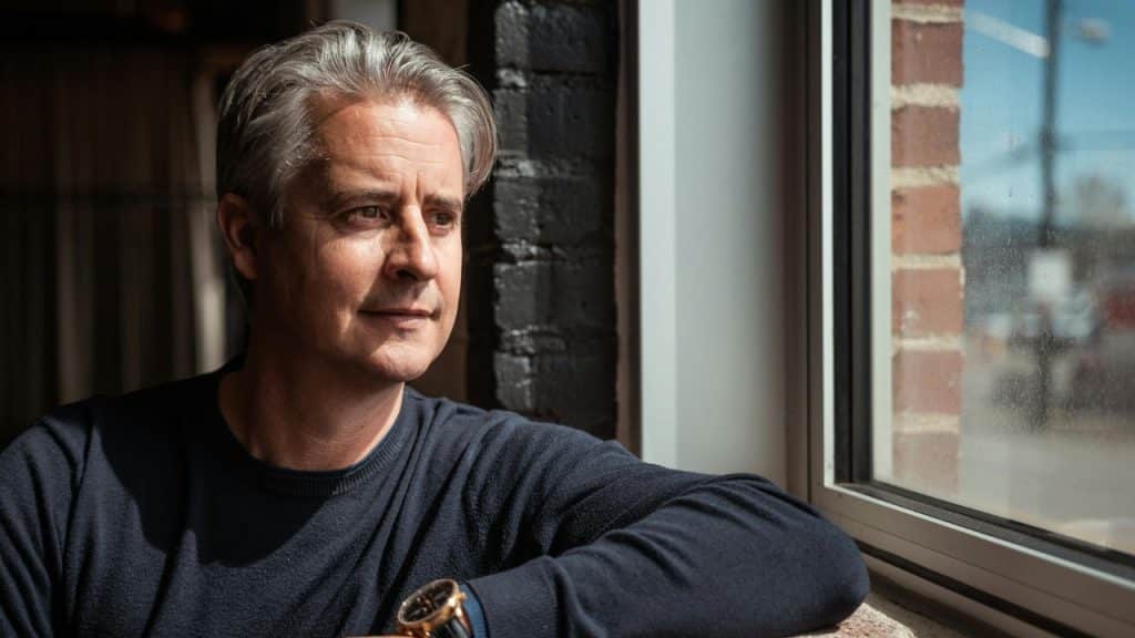 A man with grey hair looks out of a window with a slight smile on his face.