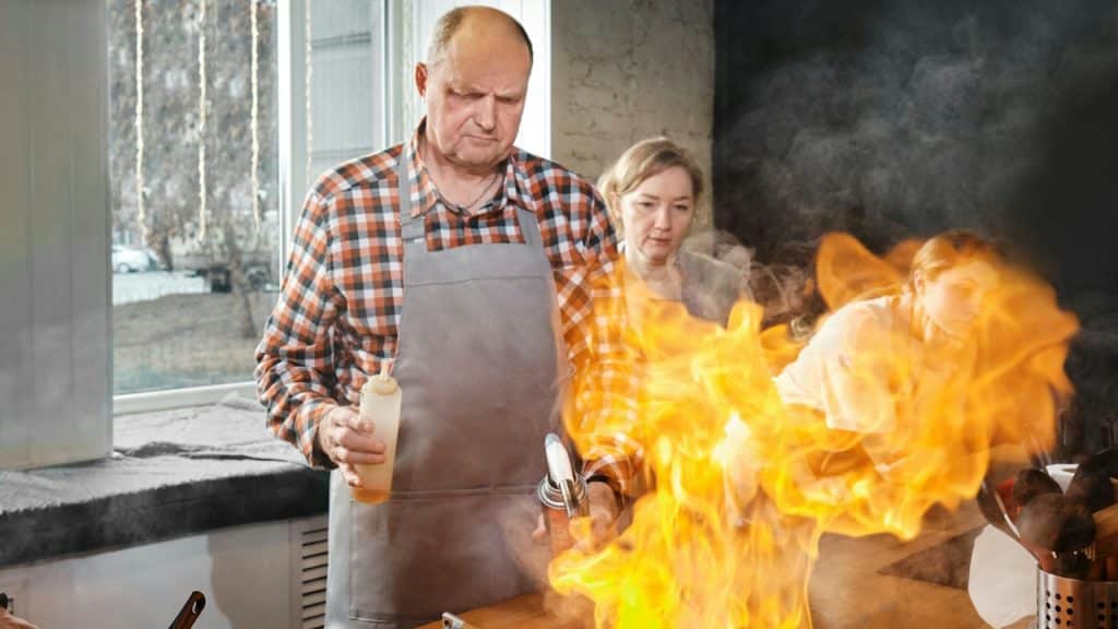 A man and a woman cooking in a kitchen on fire.