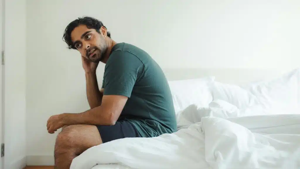 A man in a green shirt sits on the edge of a bed with white linens.
