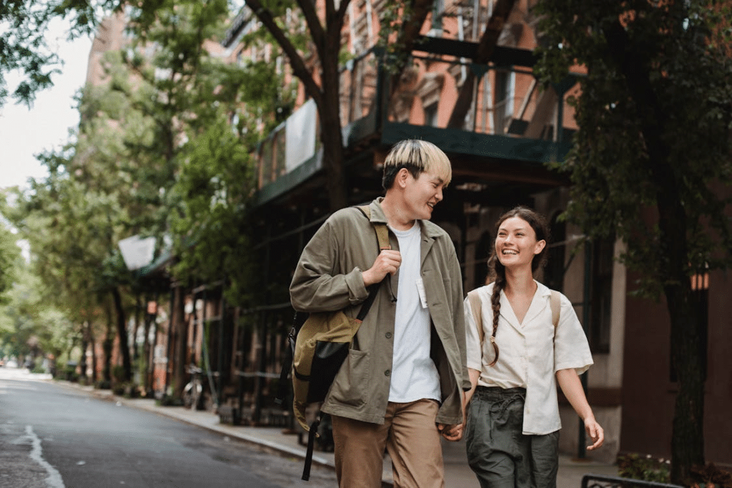 Couple walking together and happily talking