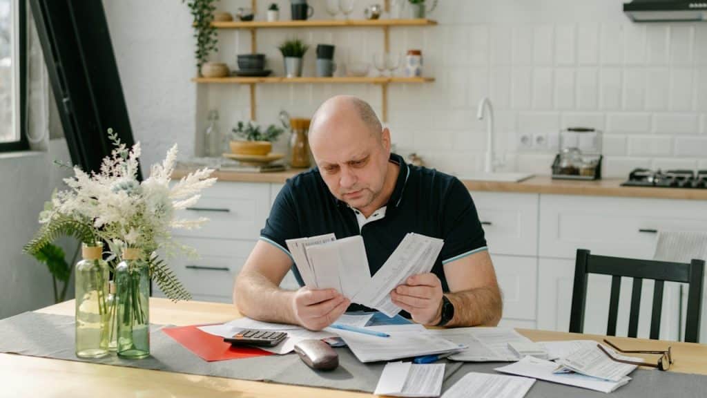 A man appears to be worried, sitting at a table with papers and a calculator.