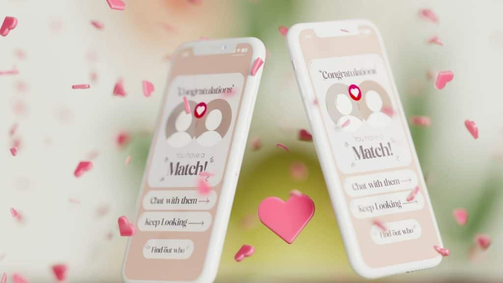 A couple of cell phones with dating apps opened on their screens.