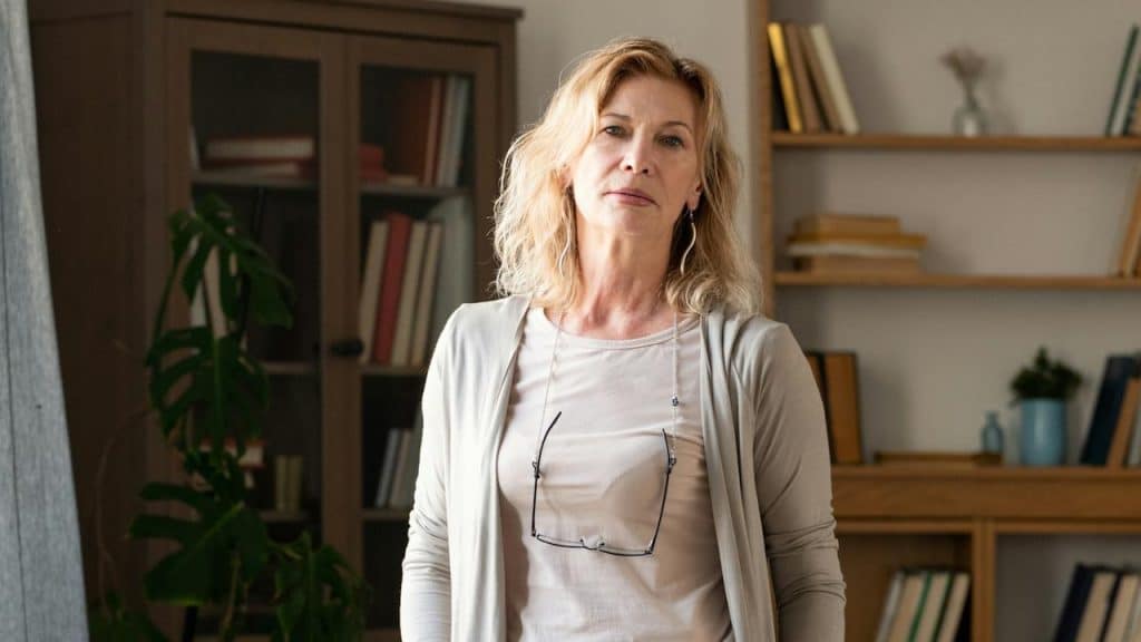 An elegant woman in grey casual wear standing in the middle of the living room.
