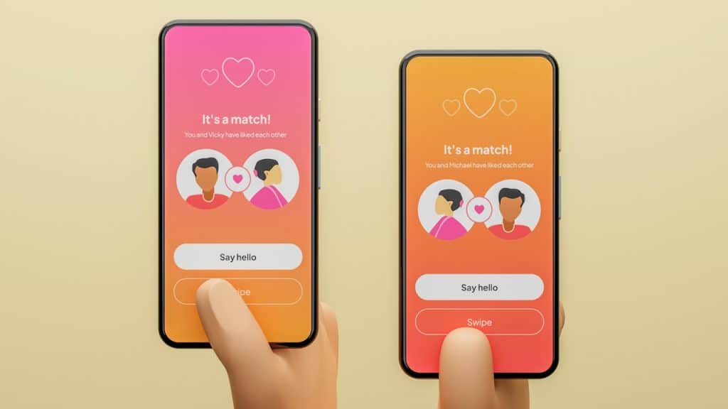 A person holding a couple of cell phones with dating apps on their screen against a yellow background.