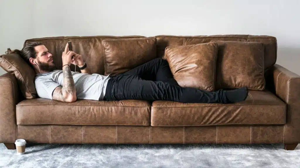 A bearded man lies on a brown leather sofa while looking at a mobile phone.