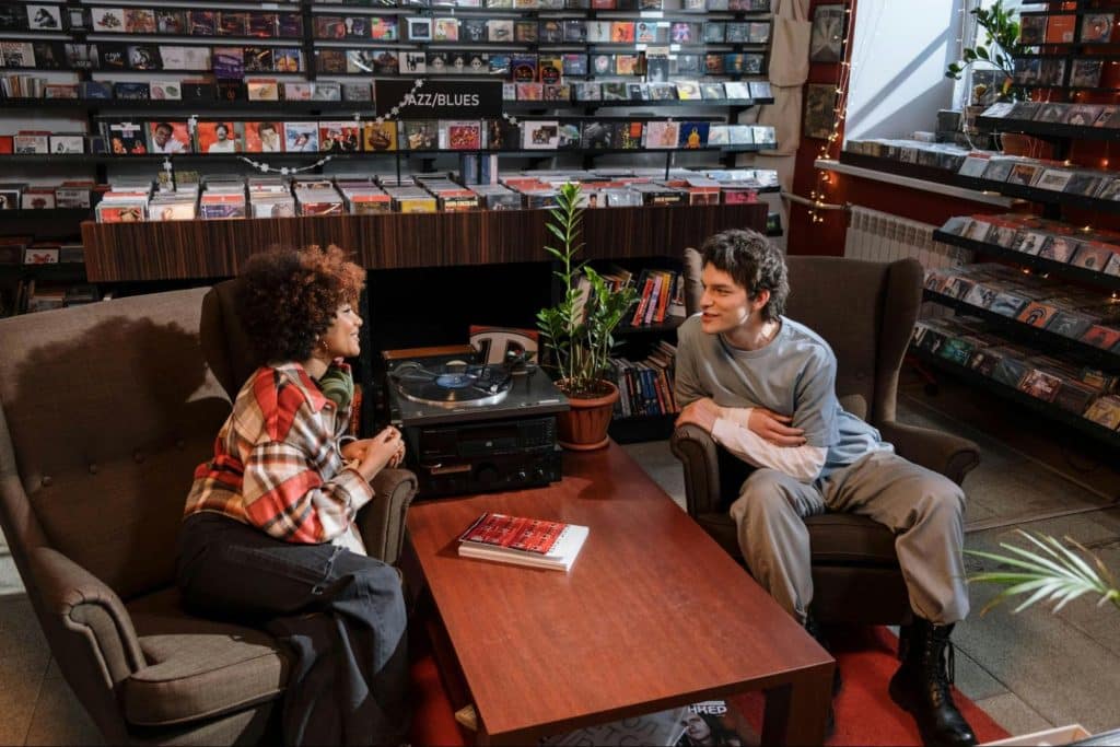A man and woman talking