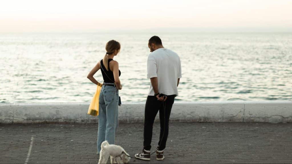 A man and woman walking