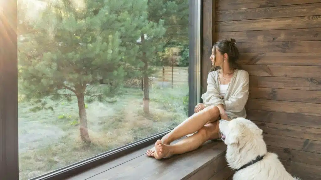 A woman sits on a wooden ledge by a window next to a white dog.