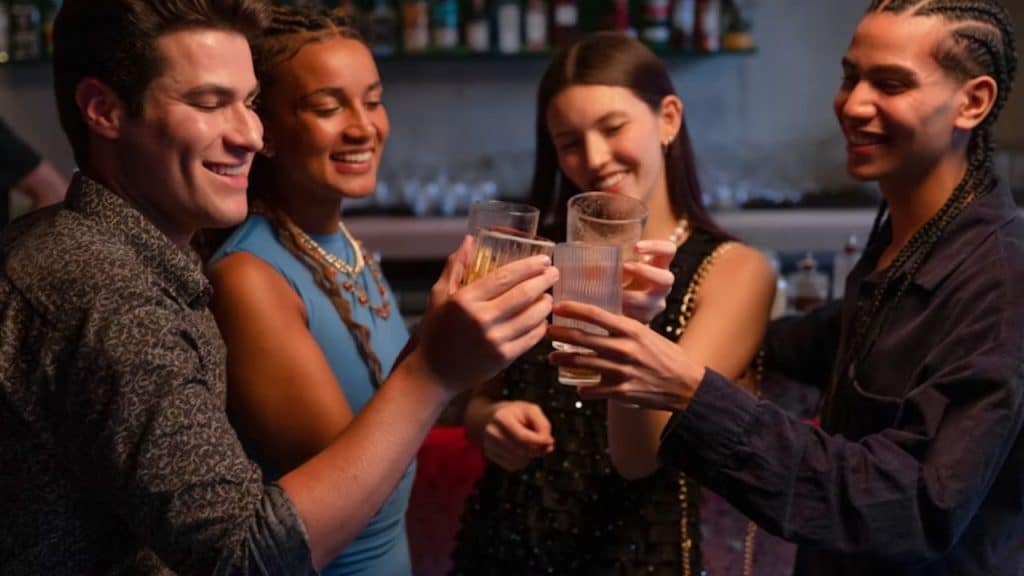 A group of friends clinking glasses and having a toast.