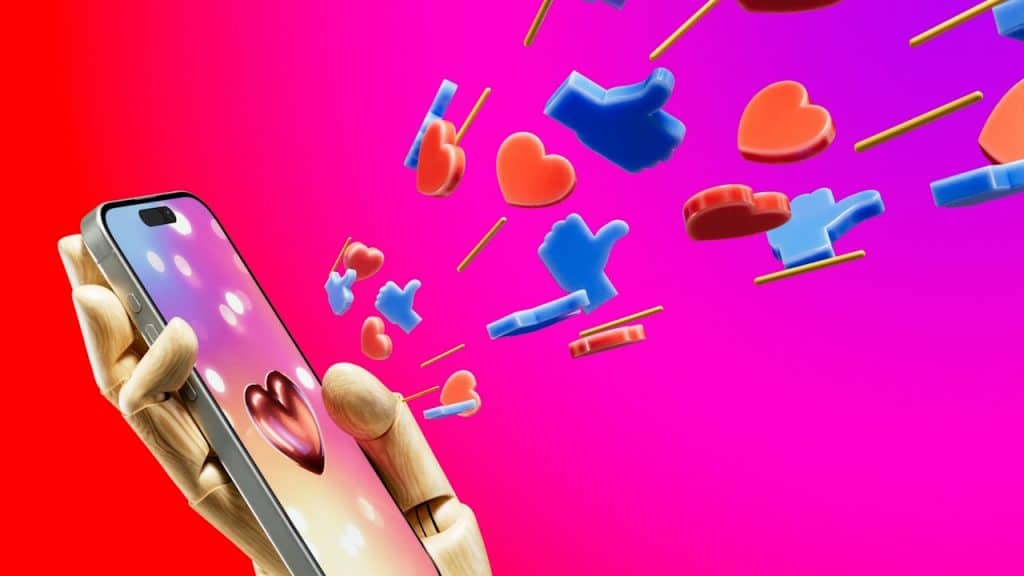 A cellphone with a heart on its screen and likes and hearts virtually flying out of the phone.