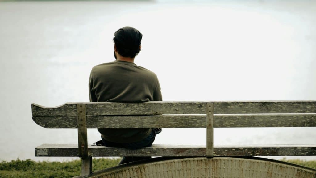 Back view of a person wearing a cap sitting alone on a wooden park bench.