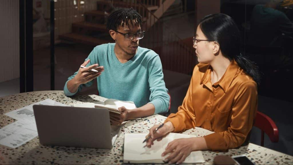 A man and woman having a serious conversation